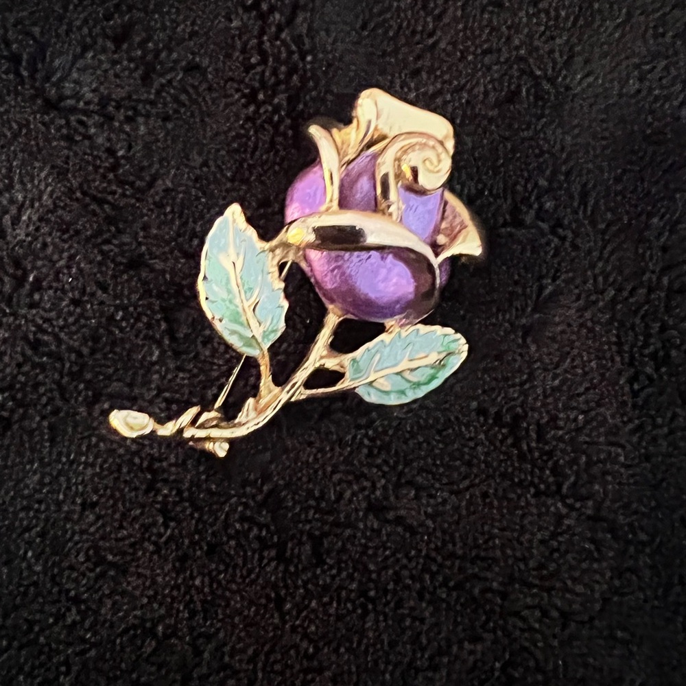 Vintage Purple Green Enamel Rose Flower Brooch - Picture 4 of 6